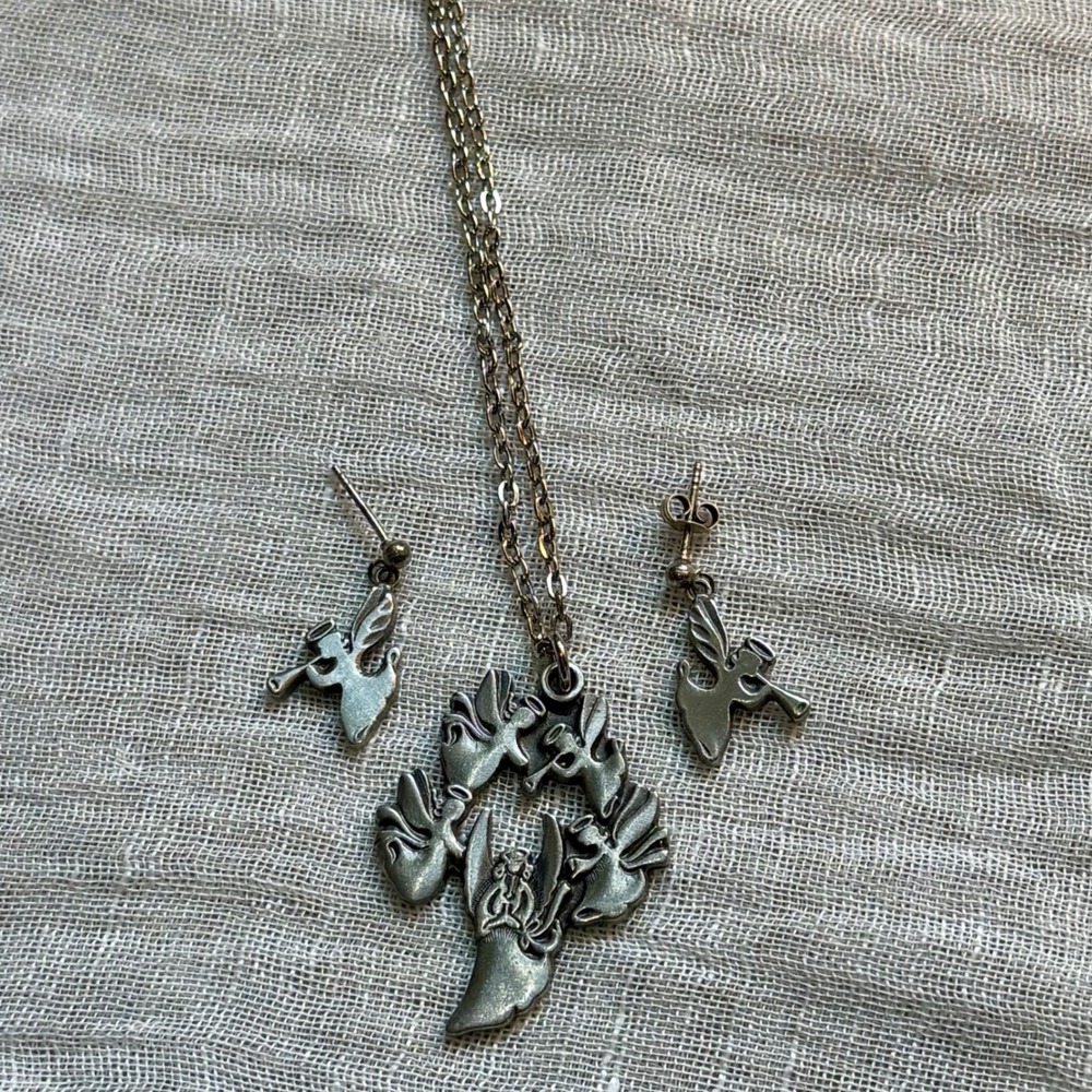 RARE Vintage R Tennesmed Sweden Pewter Angel Necklace Earring Set Scandinavian